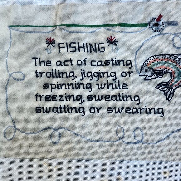 20 x 15 Inches Finished Cross Stitch Canvas Fishermans Quote #13 - Picture 1 of 5